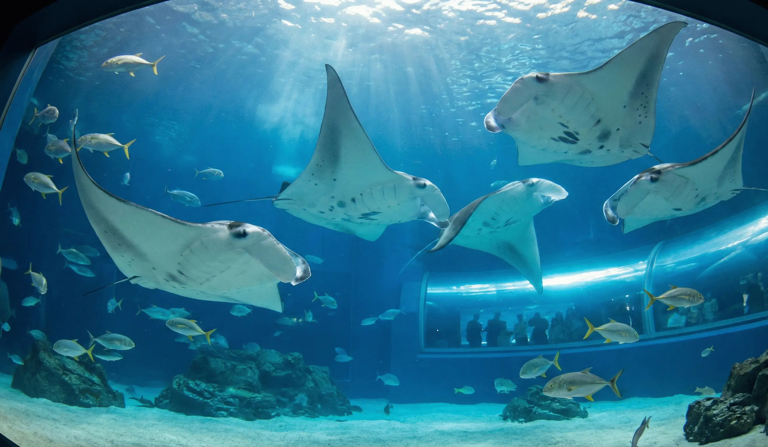 Graceful manta rays gliding through the deep blue waters of the Pacific tank at Kaiyukan