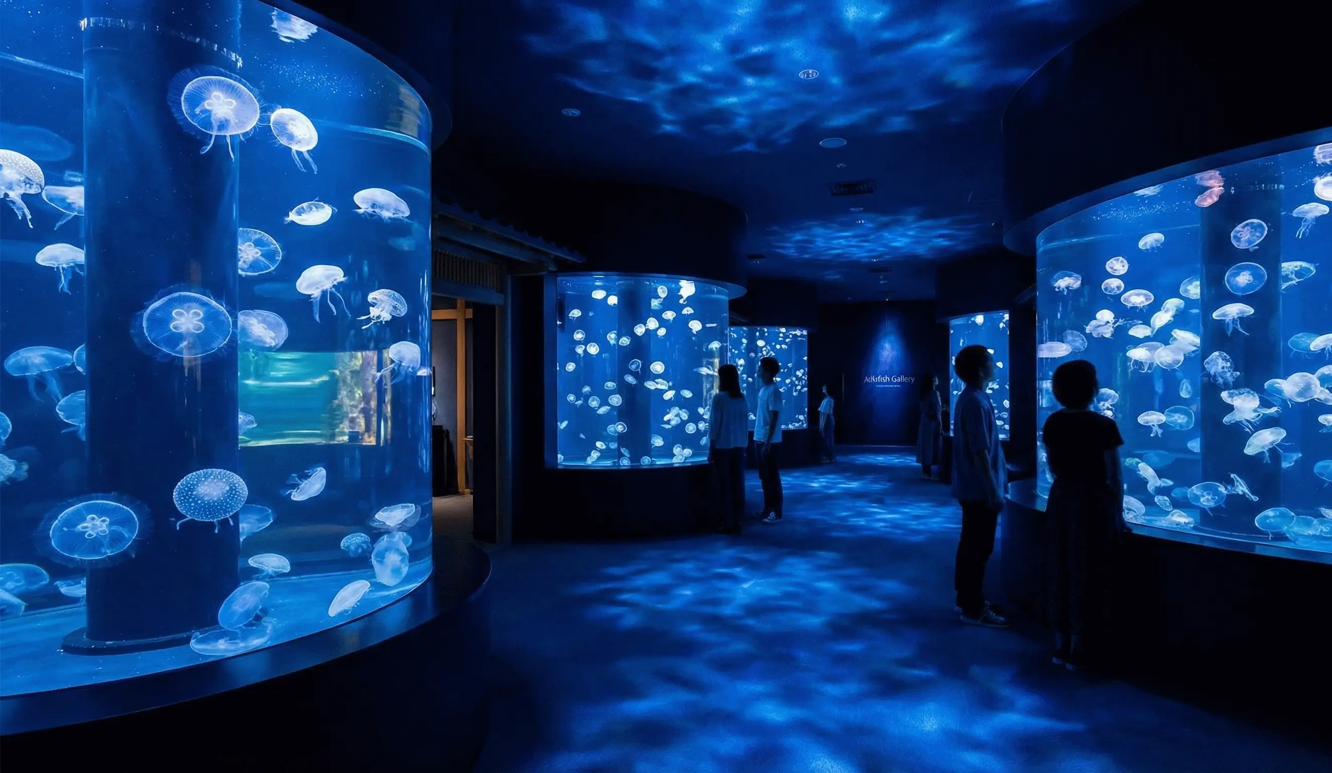 Mesmerizing jellyfish gallery with artistic blue lighting at Osaka Aquarium Kaiyukan