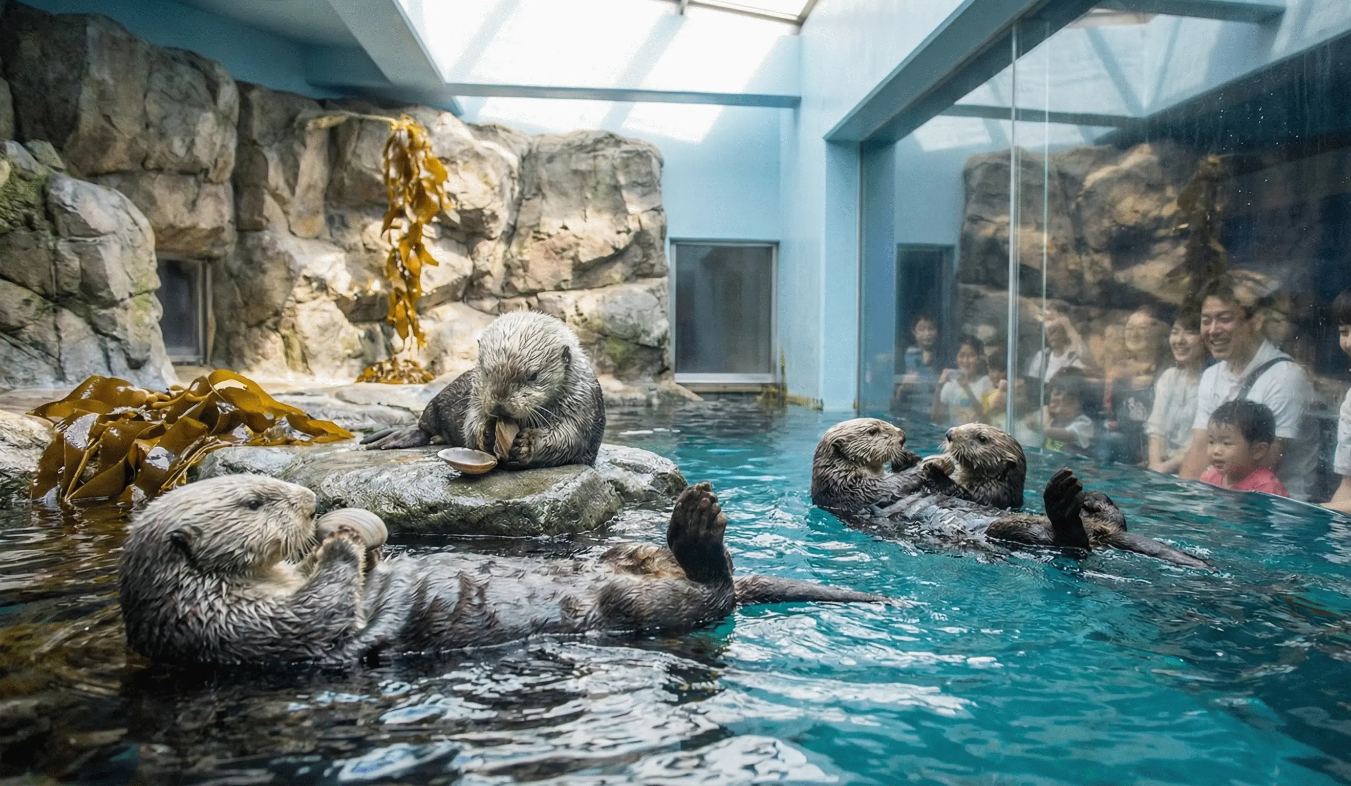 Playful sea otters floating and grooming in their habitat at Osaka Aquarium Kaiyukan