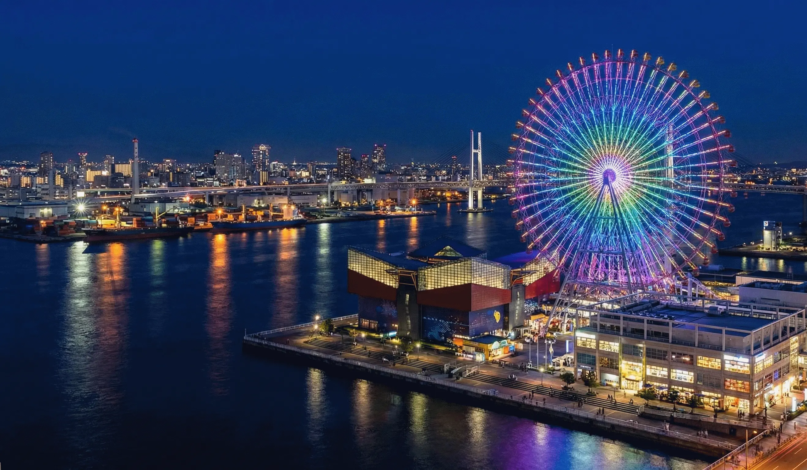 Stunning night view of the Tempozan Ferris Wheel and Osaka Bay next to the aquarium